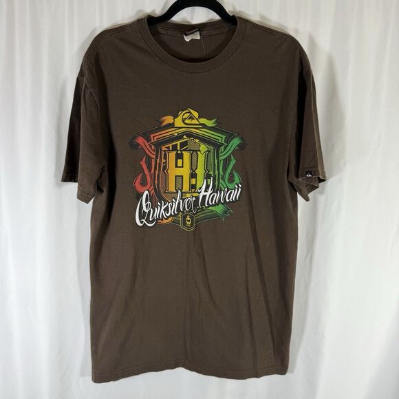 Quicksilver Shirt Men's Large Brown Hawaii Print Short Sleeve Crew Neck Cotton - Picture 1 of 8